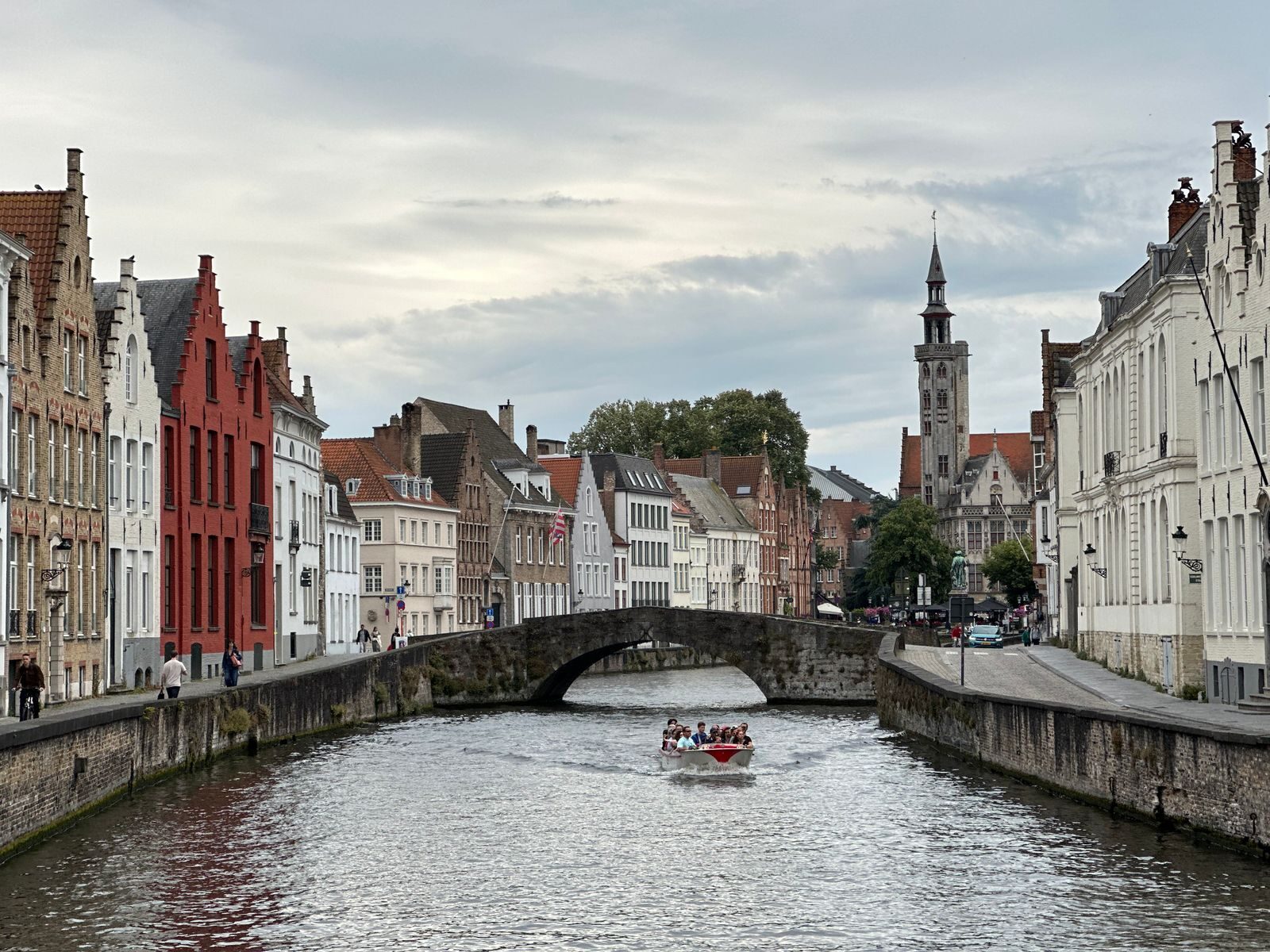 Scenic view of Bruges with iconic canal, bridge, and historic buildings in Belgium.
